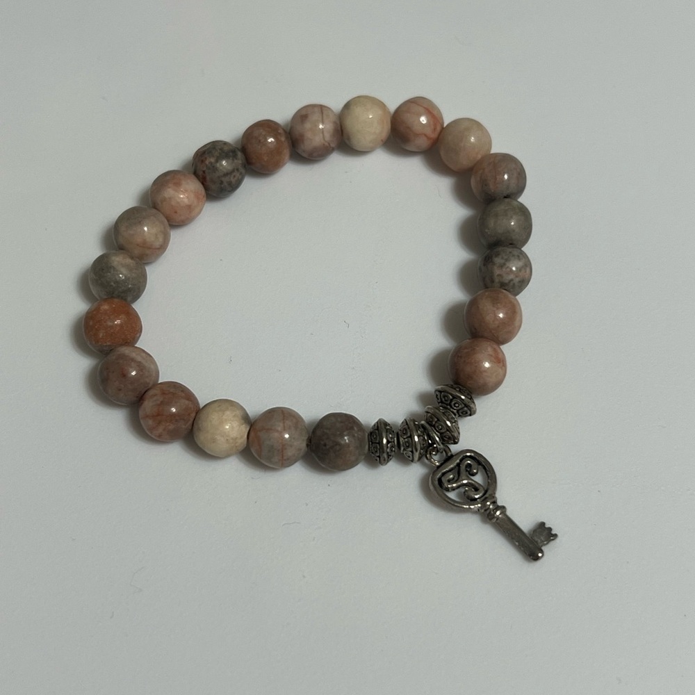 Beaded Pink and Gray Stone Stretch Bracelet with Key Charm